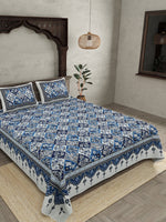 Thumbnail for JAIPUR FABRIC Festival Waves Blue & White Cotton 210 TC Queen Bedsheet & 2 Pillow Covers - Distacart