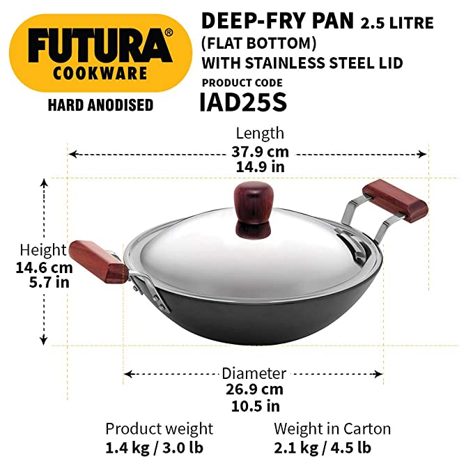 Hawkins Futura 2.5 Litre Deep Fry Pan, Hard Anodised Kadai with Stainless Steel Lid