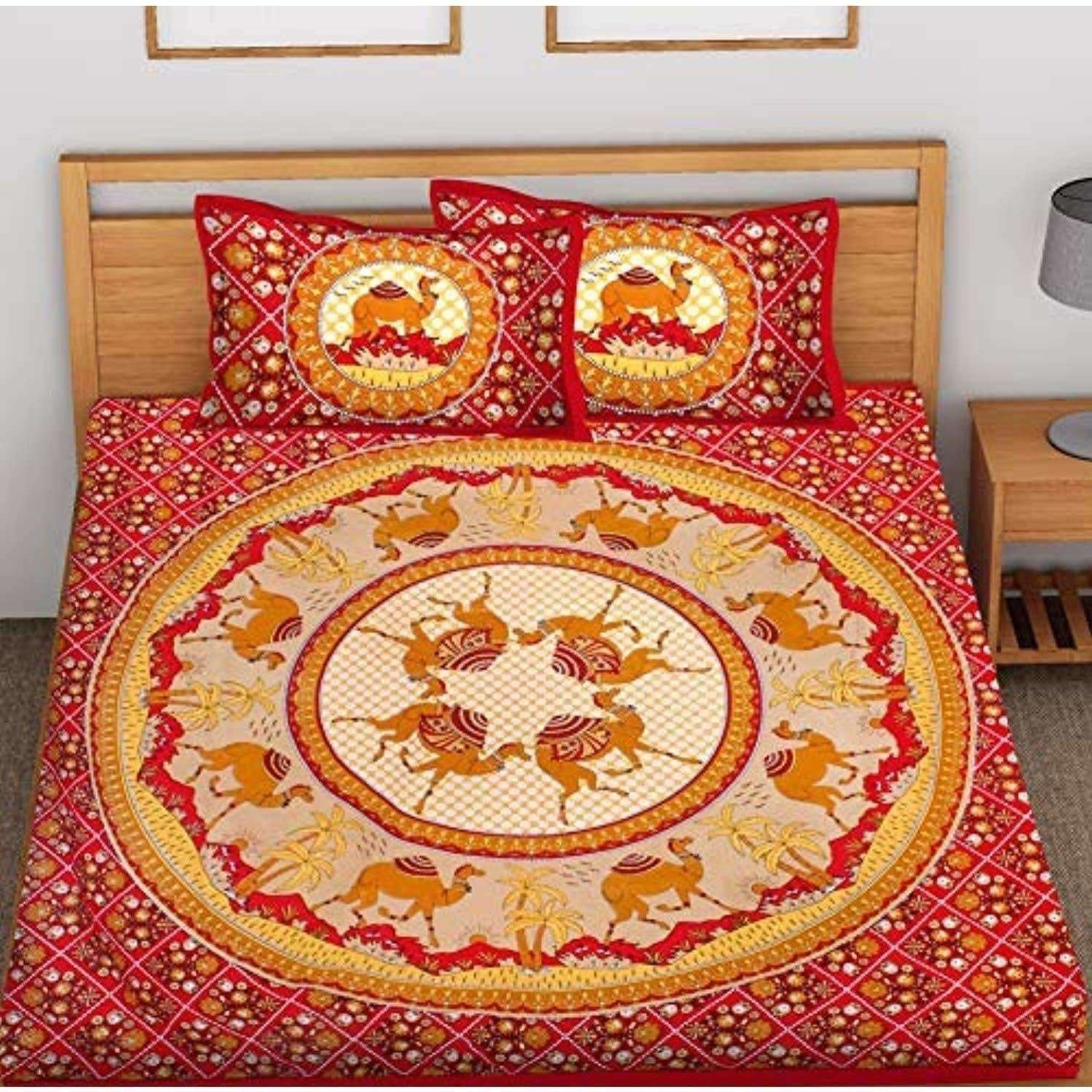Printed Cotton King Size for Double Bedsheet with 2 Pillow Covers Red Color - Distacart