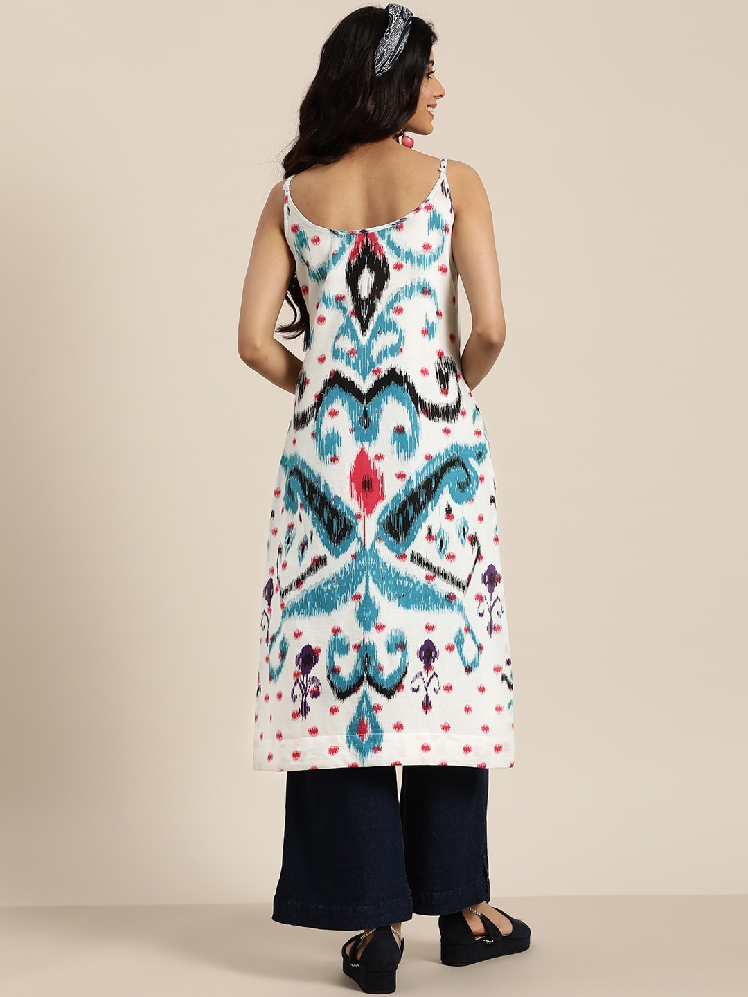 Sangria Women White & Blue Pure Cotton Ethnic Motifs Printed Straight Kurta - Distacart