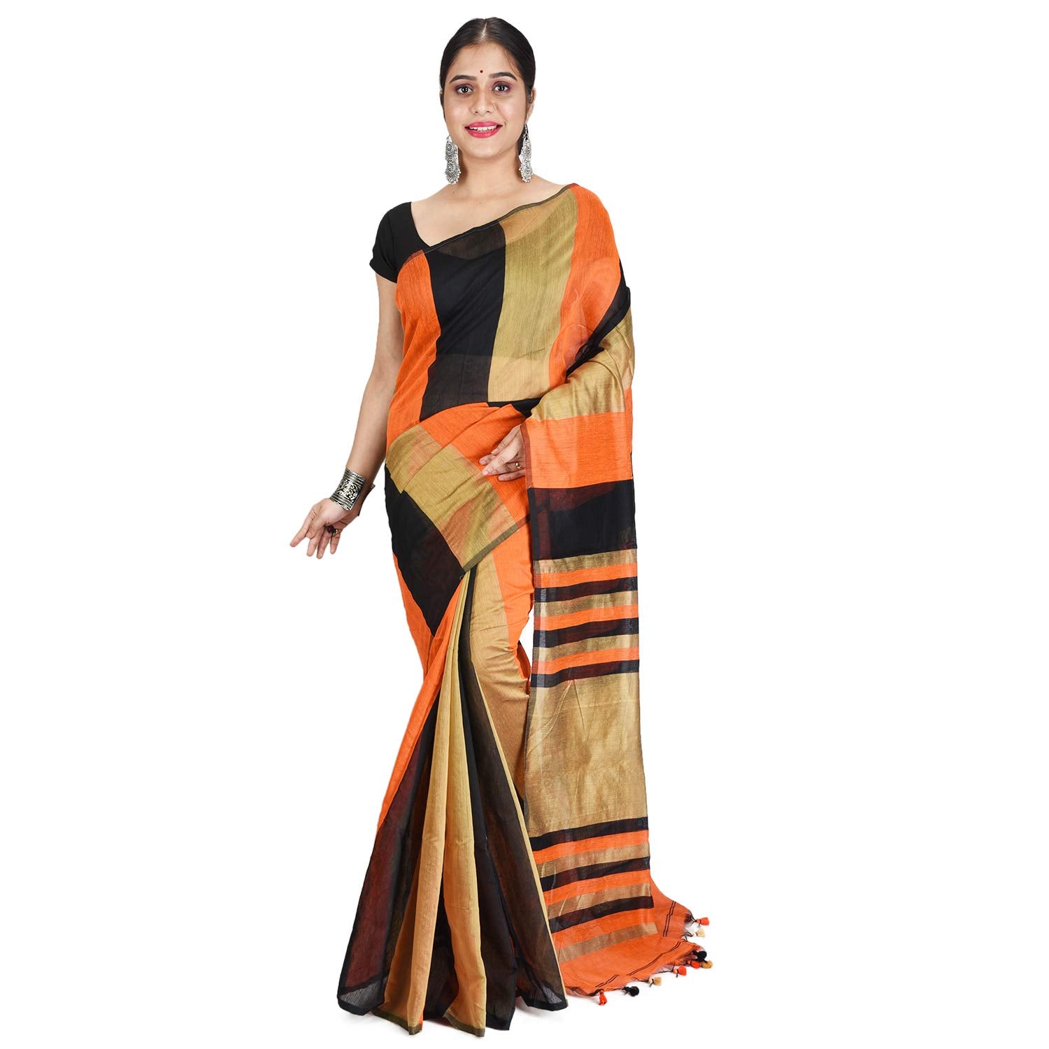 Desh Bidesh Women's Traditional Bengali Tant Handloom Cotton Saree With Blouse Piece (Yellow Orange Black) - Distacart