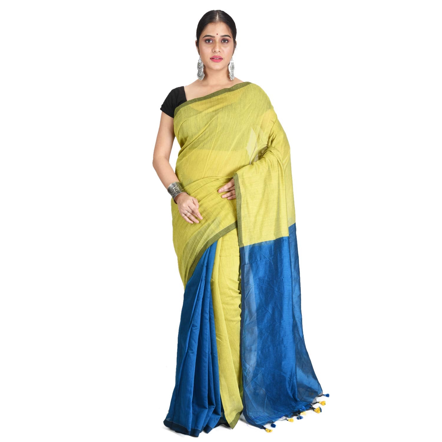 Desh Bidesh Bengal Cotton Tant Women's Bengal Half Half Ghicha Handloom Cotton Silk Saree With Blouse Piece (Olive Light Blue ) - Distacart