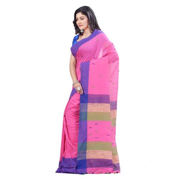 Desh Bidesh Women's Traditional Bengali Tant Handloom Cotton Saree With Blouse Piece (Pink Blue Green) - Distacart