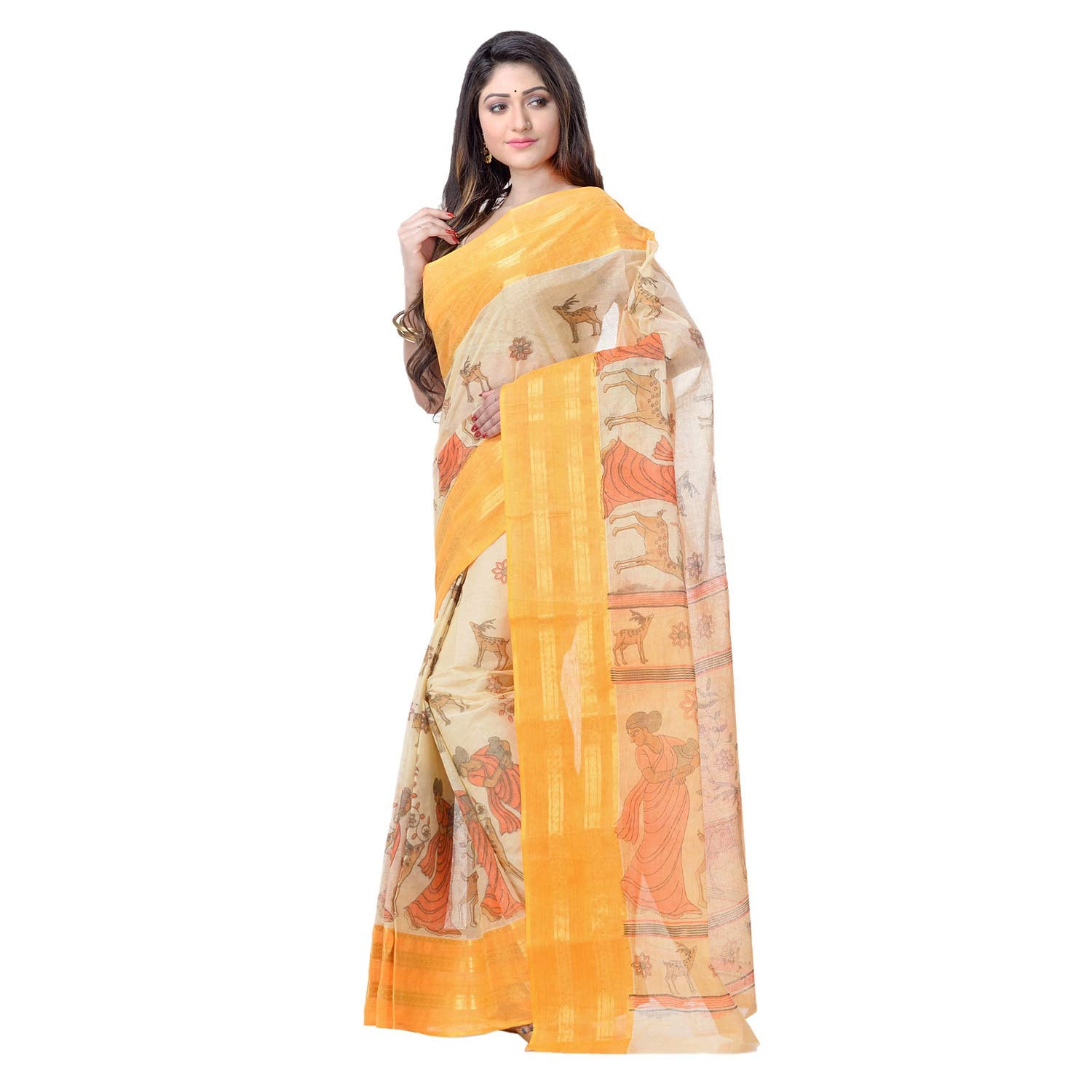 Desh Bidesh Women's Shakuntala Design Printed Tant Handloom Pure Cotton Saree Without Blouse Piece - Distacart