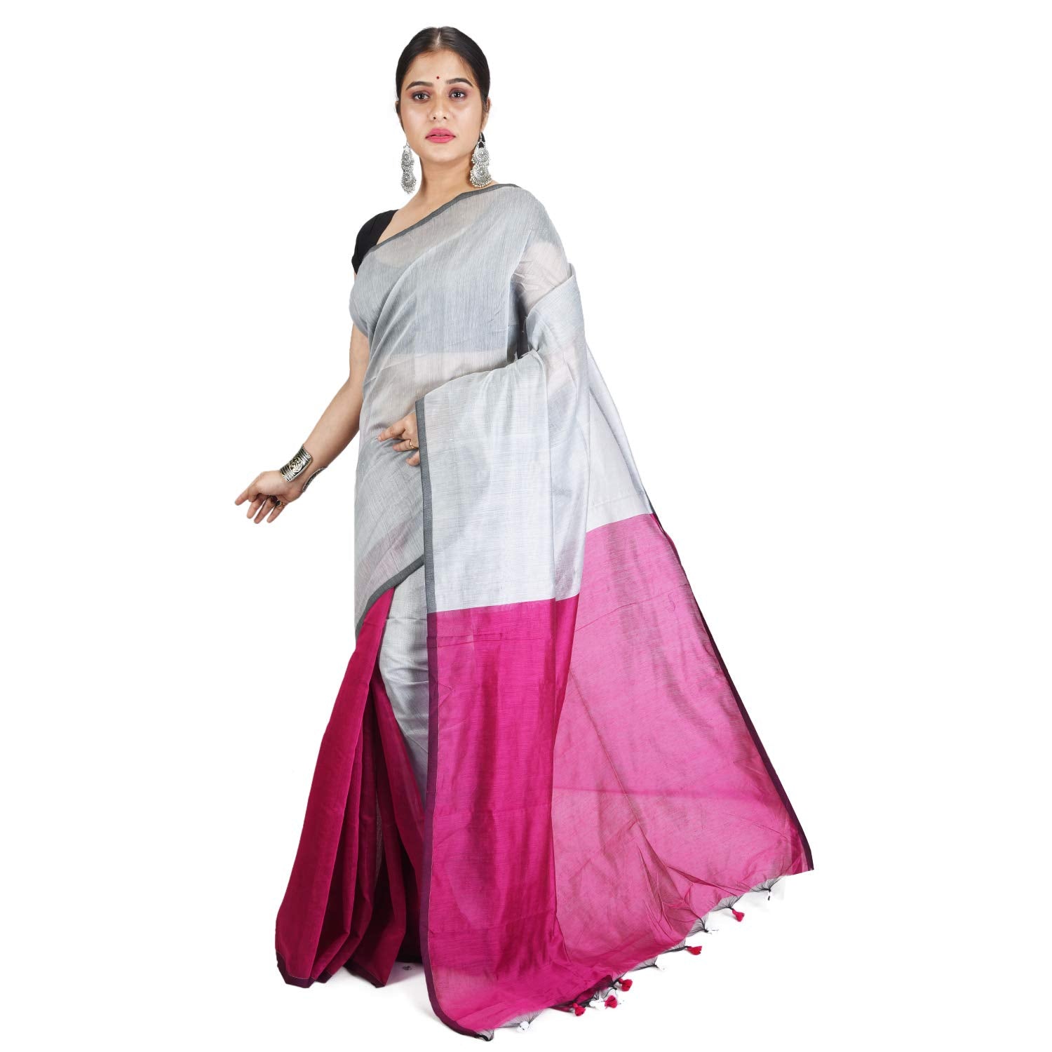 Desh Bidesh Bengal Cotton Tant Women's Bengal Half Half Ghicha Handloom Cotton Silk Saree With Blouse Piece - Distacart