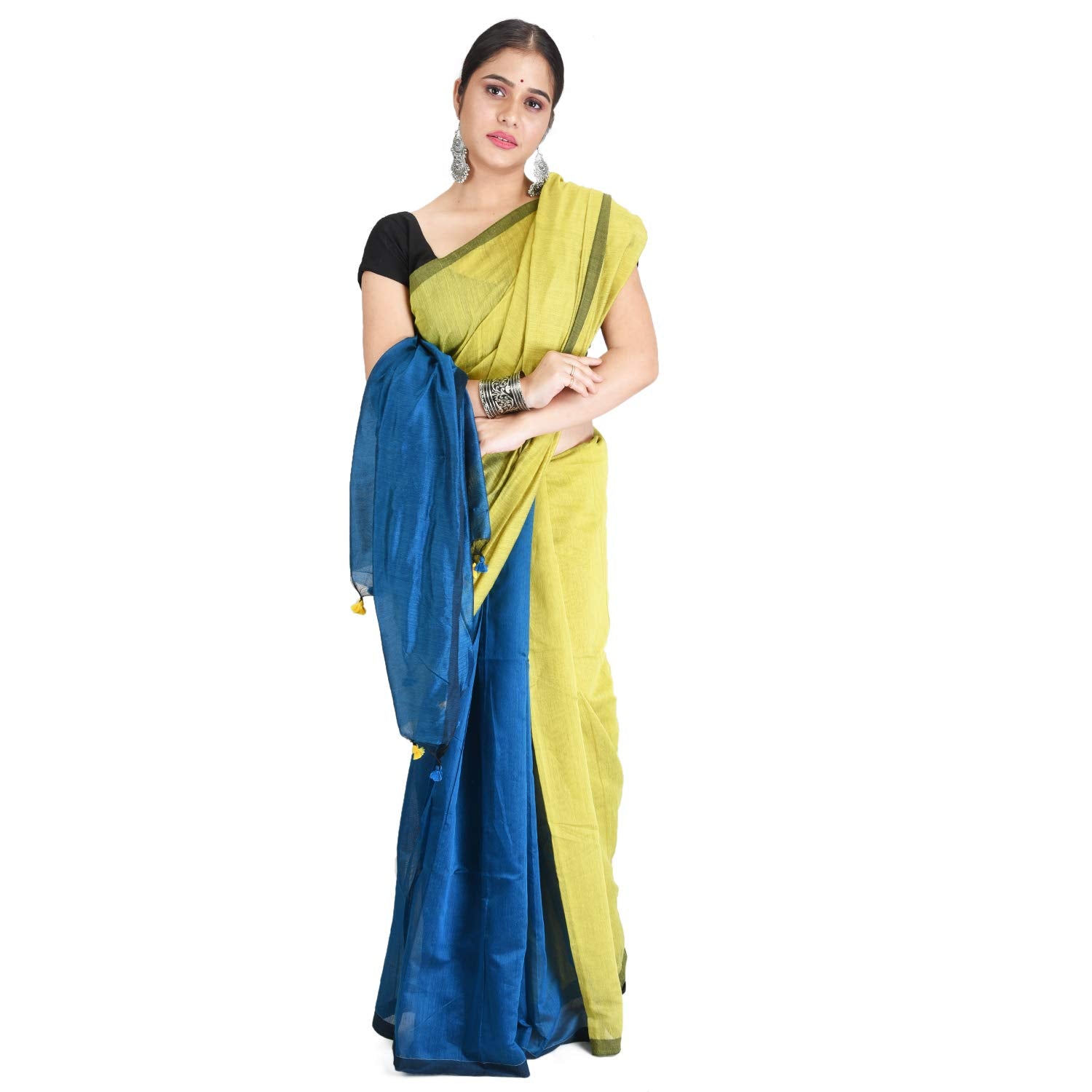 Desh Bidesh Bengal Cotton Tant Women's Bengal Half Half Ghicha Handloom Cotton Silk Saree With Blouse Piece (Olive Light Blue ) - Distacart