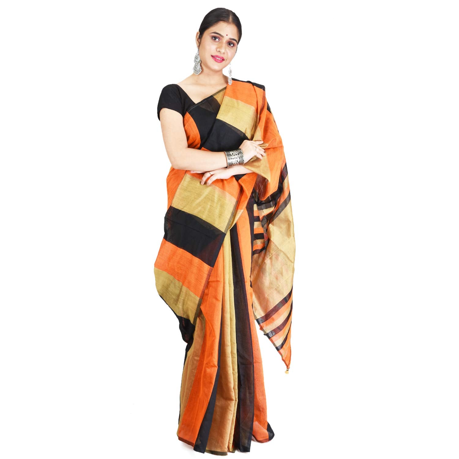 Desh Bidesh Women's Traditional Bengali Tant Handloom Cotton Saree With Blouse Piece (Yellow Orange Black) - Distacart