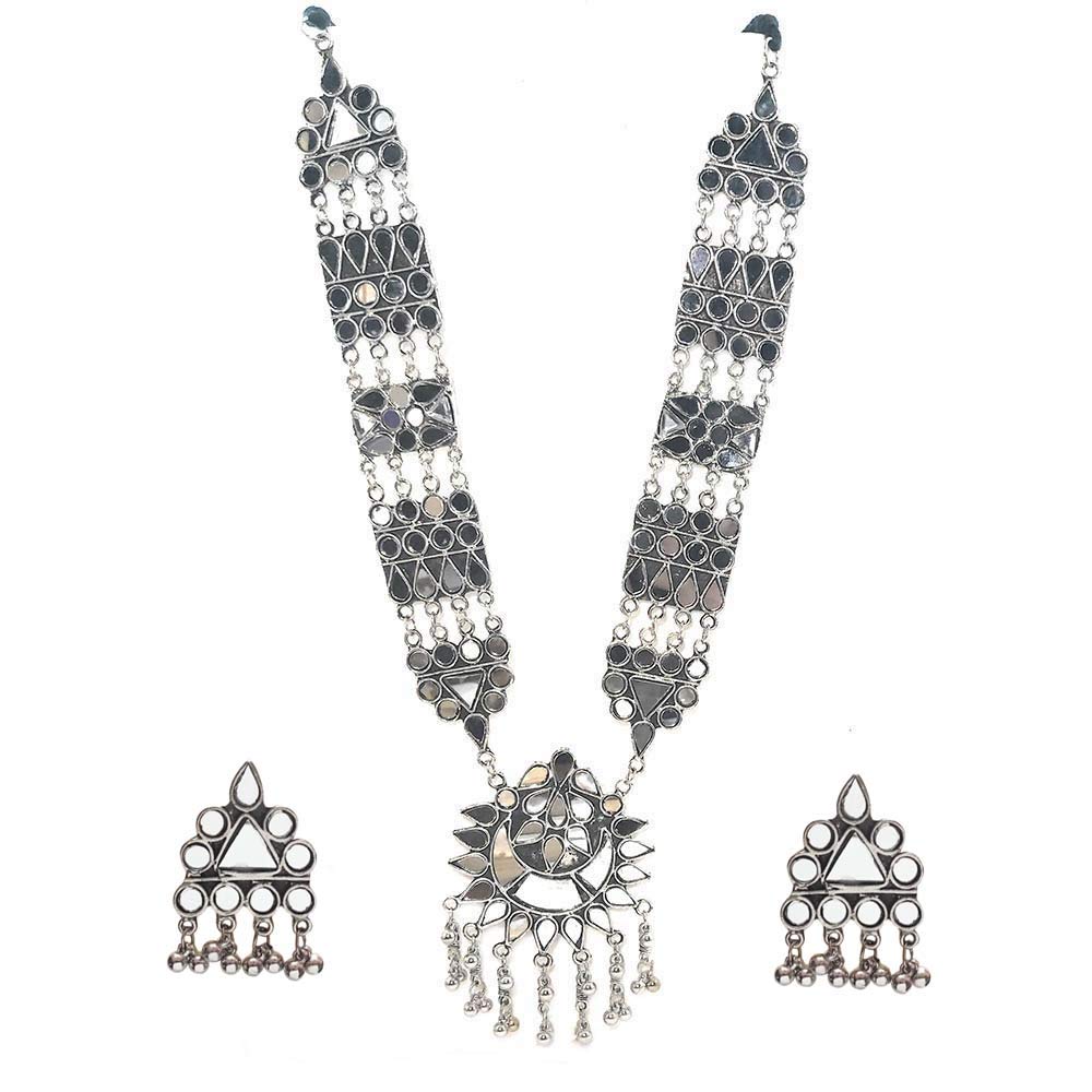 Silver-Plated Alloy Long Kundan Studded Silver Oxidised Necklace - The Pari - Distacart
