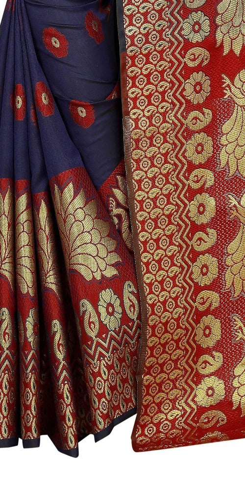 Vamika Banarasi Cotton Silk Navy Blue & Red Weaving Saree