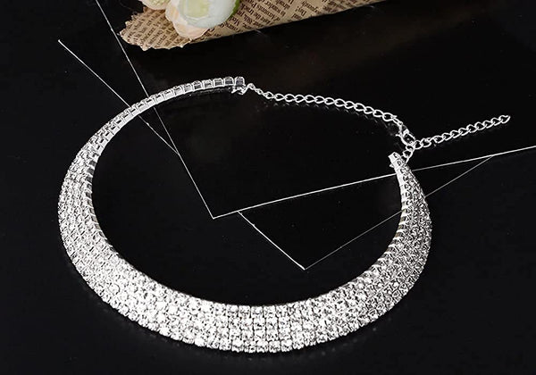 Silver-Toned Alloy Rhinestones Studded Choker Necklace - The Pari - Distacart