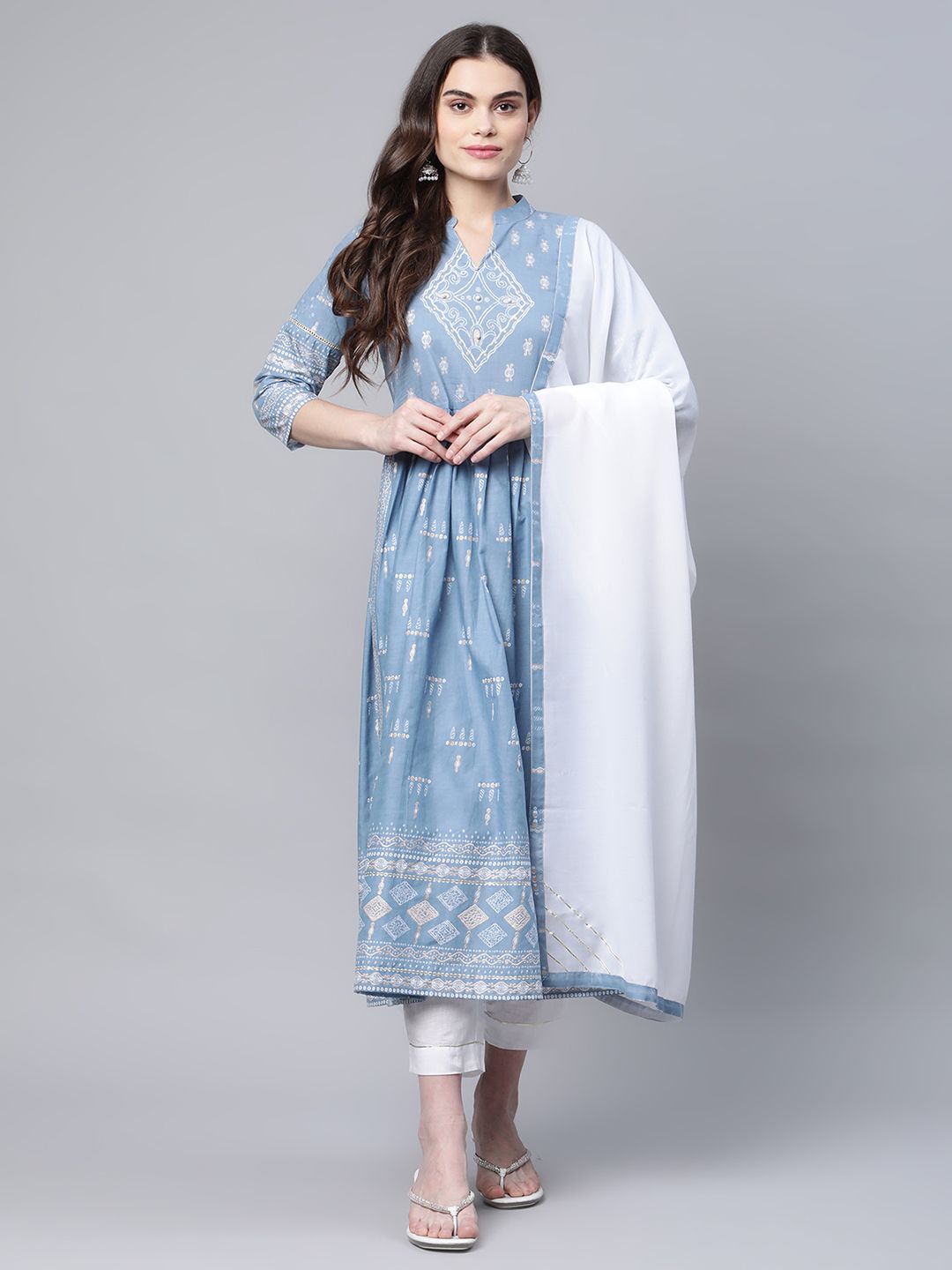 Ahalyaa Women Pastel Blue Pure Cotton Printed Kurta Pant Set With Dupatta
