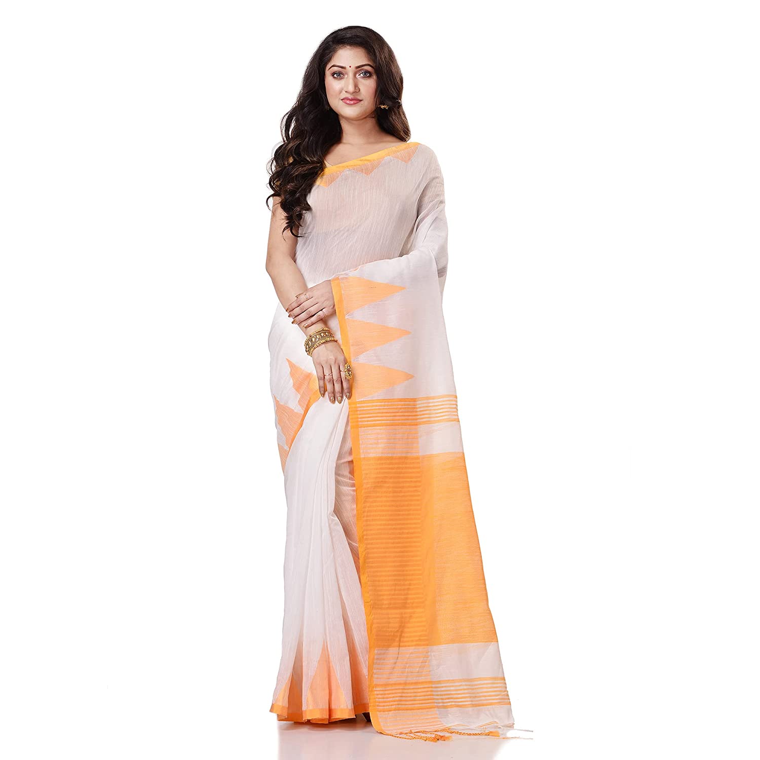 Desh Bidesh Women's Traditional Bengali Handloom Tant Pure Cotton Saree Khadi Temple Par Designed With Blouse Piece - Distacart