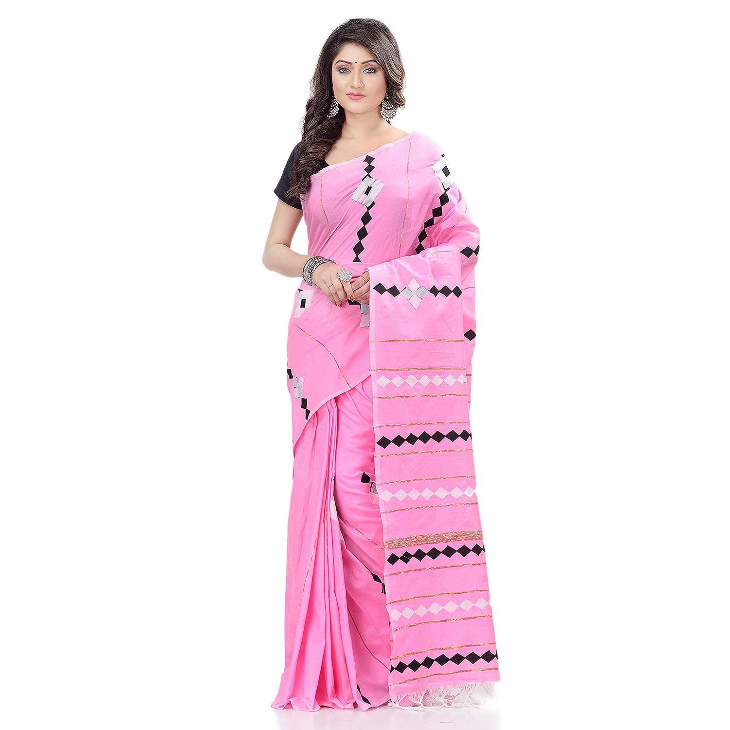 Desh Bidesh Women's Bengali Khesh Pure Cotton Handloom Saree Diamond Designed With Blouse Piece - Distacart