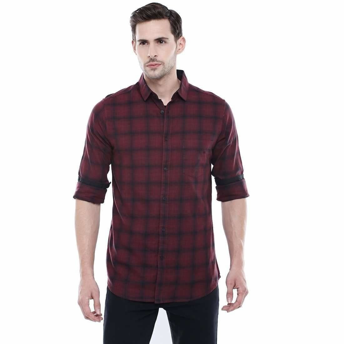 Men's Checkered Maroon Slim Fit Casual Shirt - Distacart