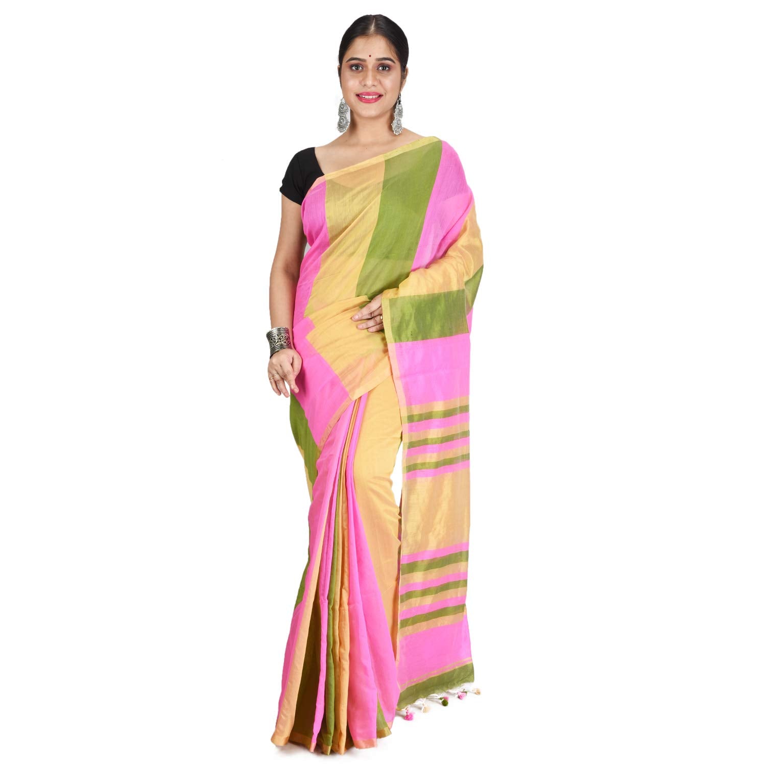 Desh Bidesh Bengal Cotton Tant Women's Bengal Half Half Ghicha Handloom Cotton Silk Saree With Blouse Piece - Distacart