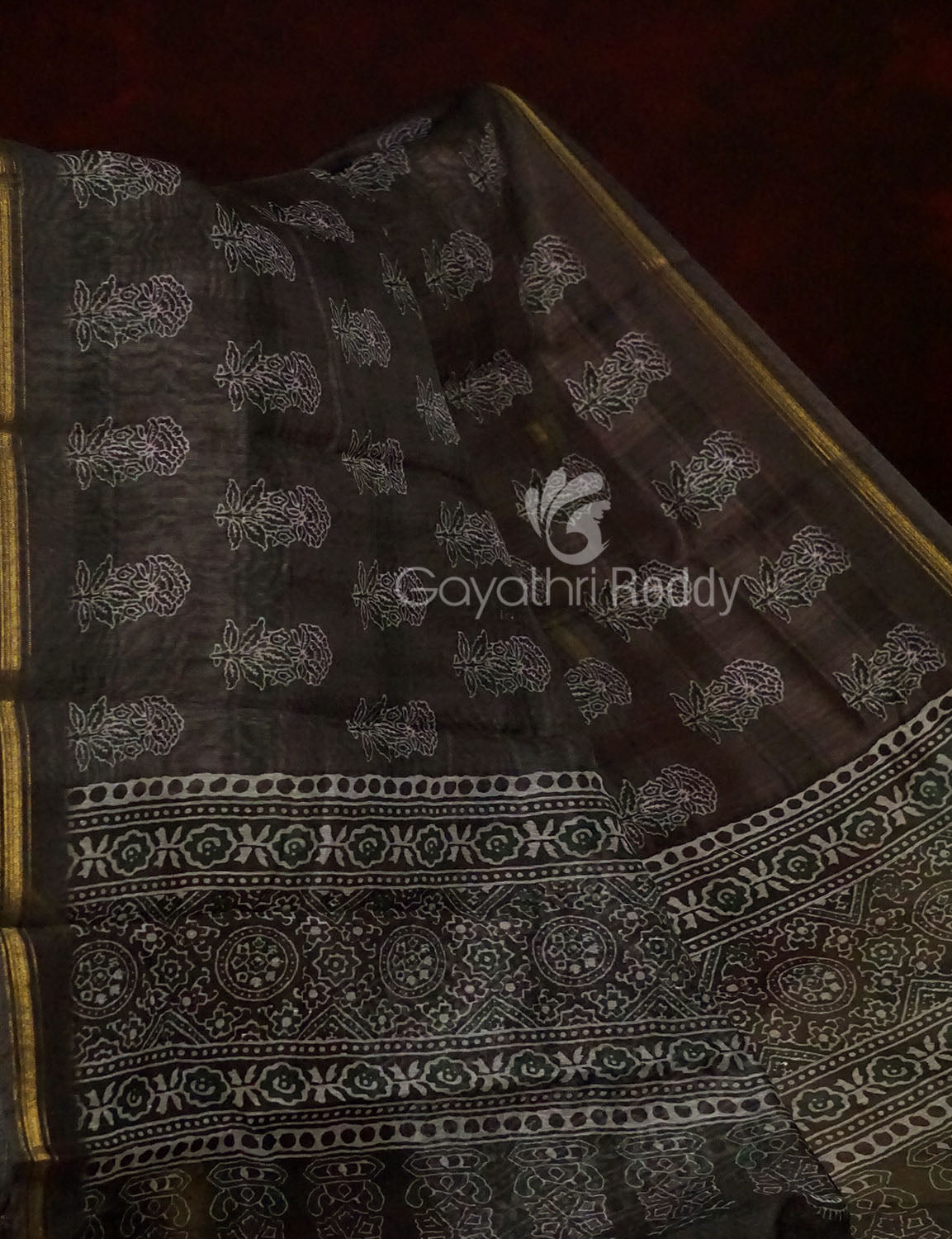 Slate Black And Grey Colour Print Design Semi Chanderi Saree By Gayathri Reddy Designer Studio - Distacart