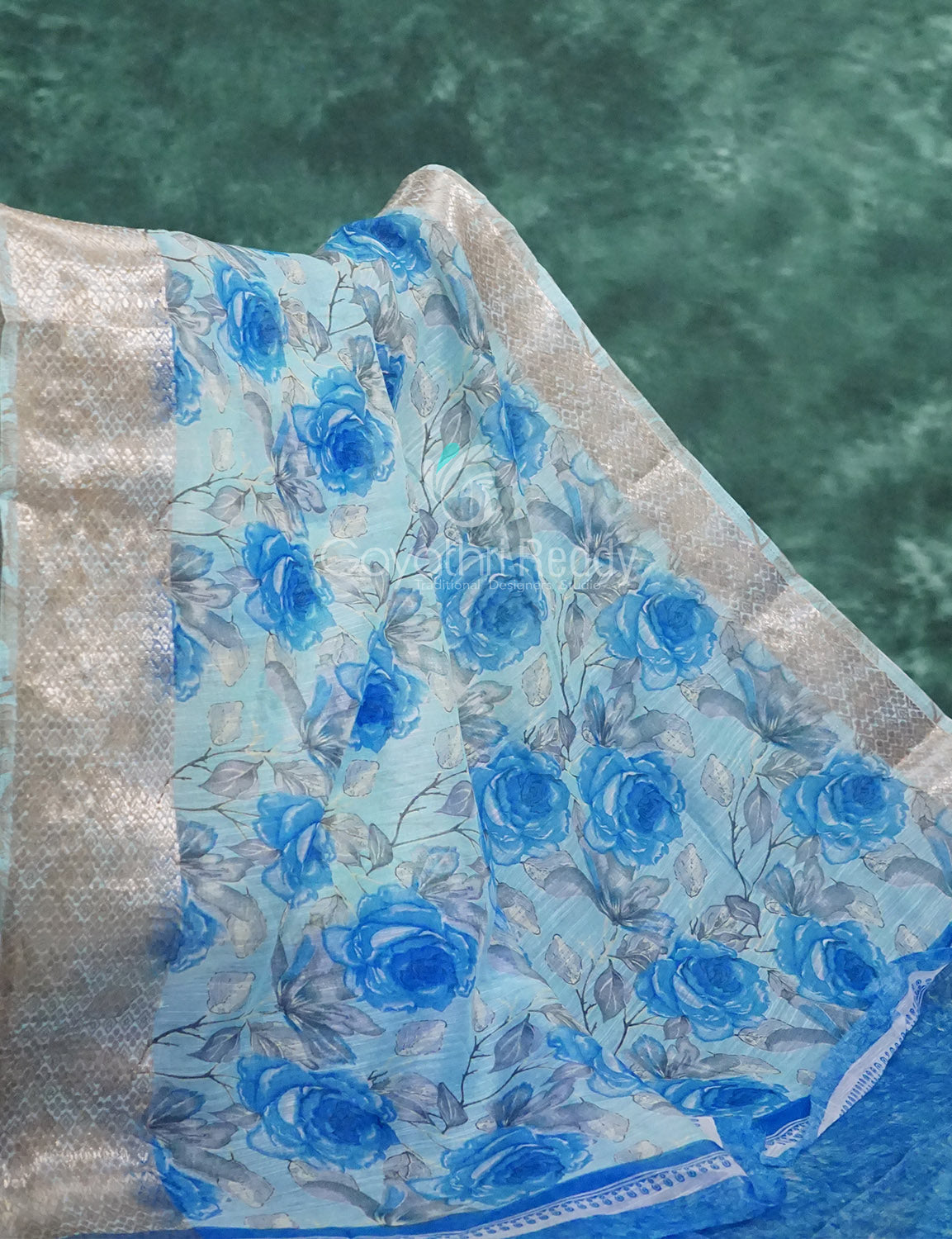 Powder Blue And Dark Blue Coloured Floral Print Semi Chanderi Saree By Gayathri Reddy Designer Studio - Distacart