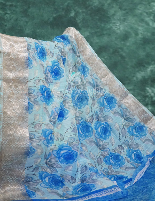 Powder Blue And Dark Blue Coloured Floral Print Semi Chanderi Saree By Gayathri Reddy Designer Studio - Distacart