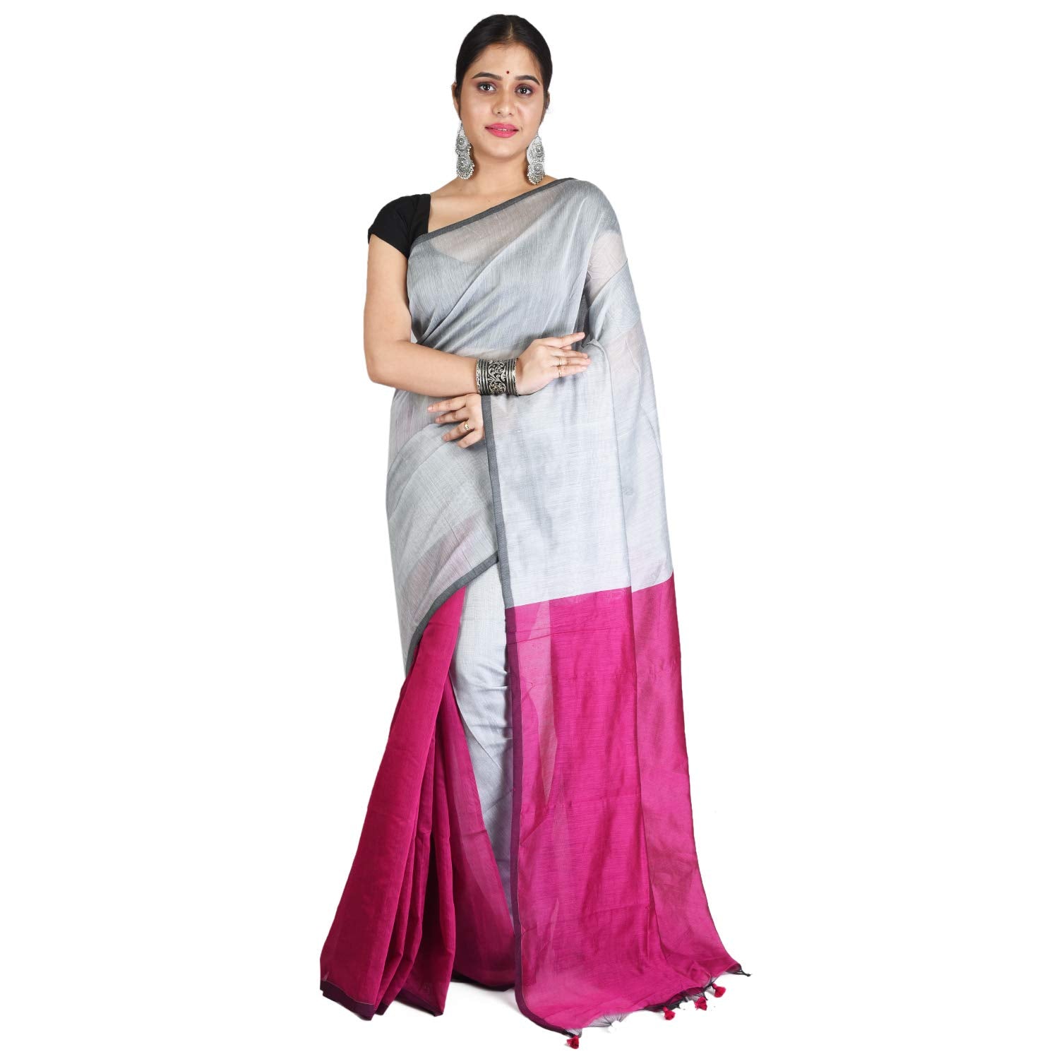 Desh Bidesh Bengal Cotton Tant Women's Bengal Half Half Ghicha Handloom Cotton Silk Saree With Blouse Piece - Distacart