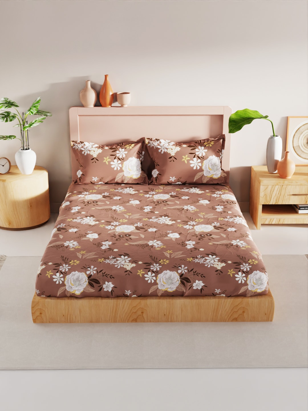 BIANCA Brown & White Floral 186 TC King Bedsheet with 2 Pillow Covers - Distacart