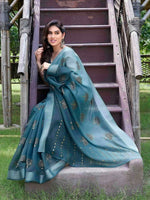 Thumbnail for Kalini Turquoise Blue & Gold Ethnic Motifs Bagh Poly Cotton Saree - Distacart