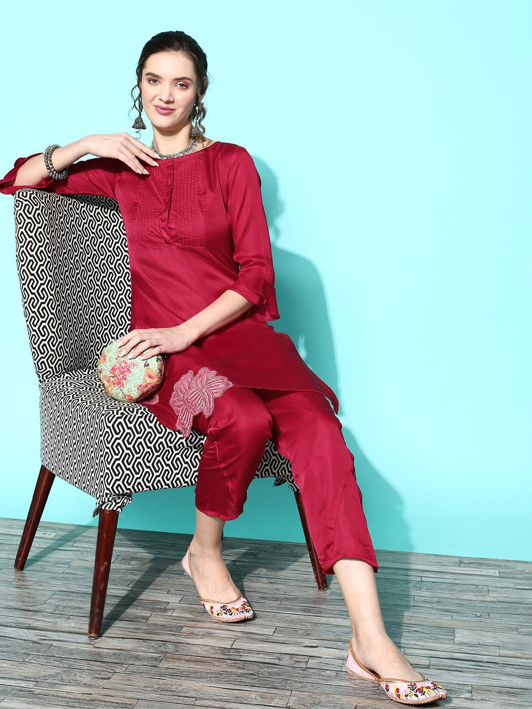 Sangria Women Floral Embroidered Patchwork Kurta with Trousers - Distacart