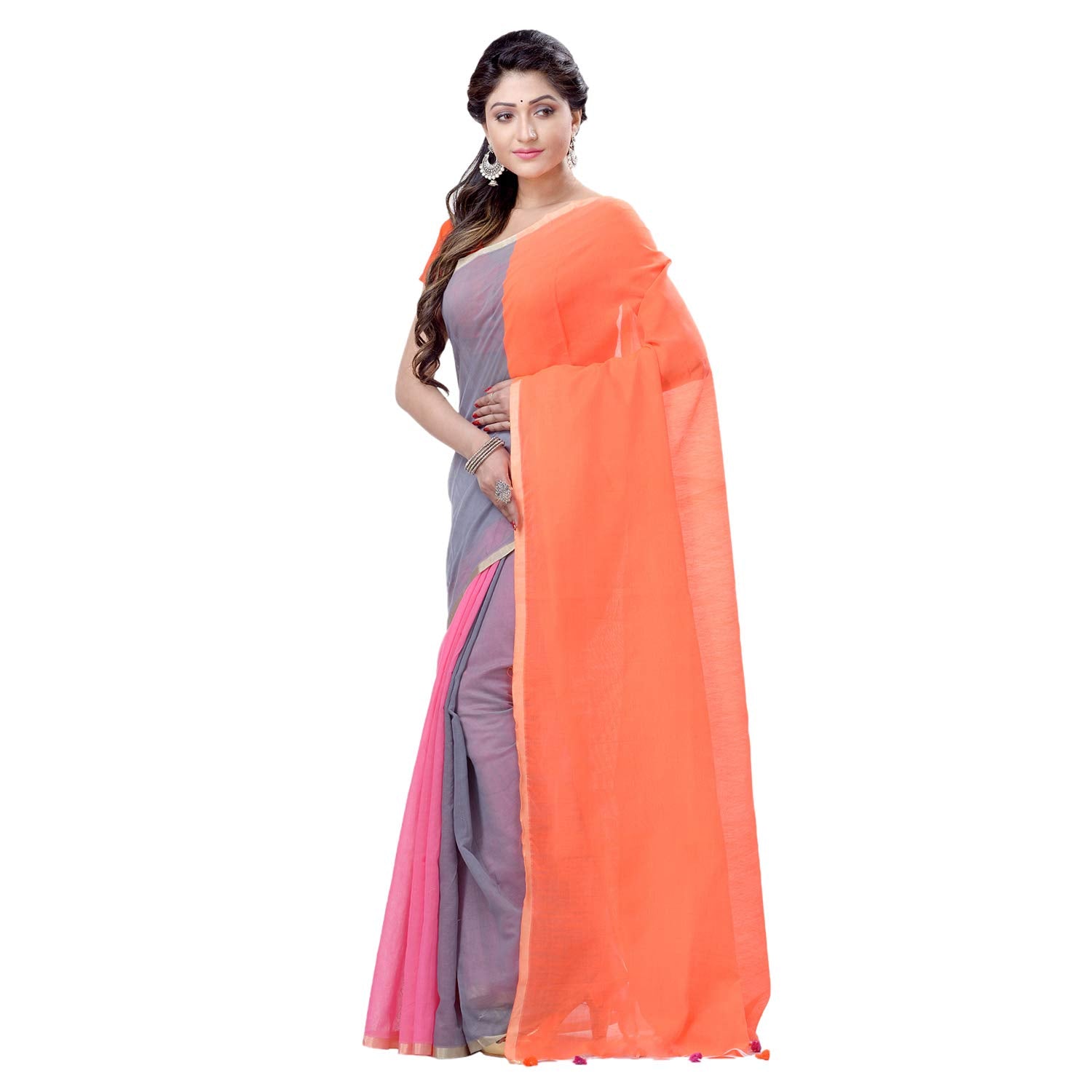 Desh Bidesh Women's Bengal Khadi Ghicha Handloom Cotton Silk Saree With Blouse Piece (Orange Grey Pink) - Distacart