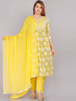 Thumbnail for Kalini Women Yellow Floral Printed Pure Cotton Kurta with Trousers & Dupatta - Distacart