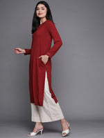 Thumbnail for Biba Women Maroon Studded Yoke Design Knitted Winter Straight Kurta - Distacart