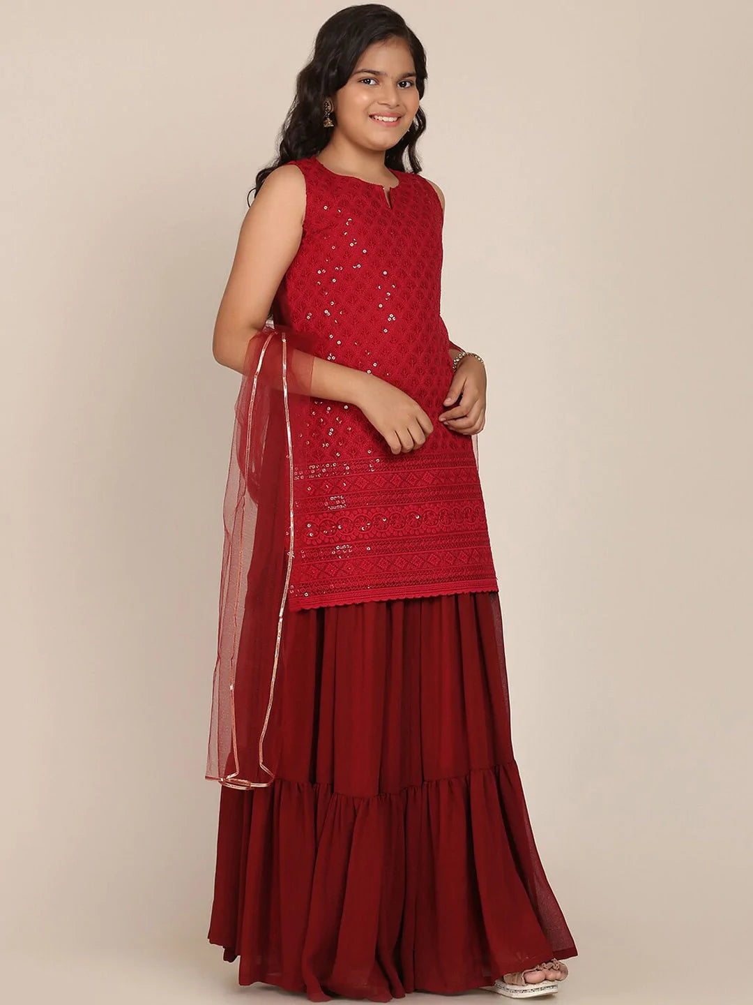 NOZ2TOZ Maroon Floral Embroidered Sequinned Kurti with Skirt & With Dupatta For Girls - Distacart