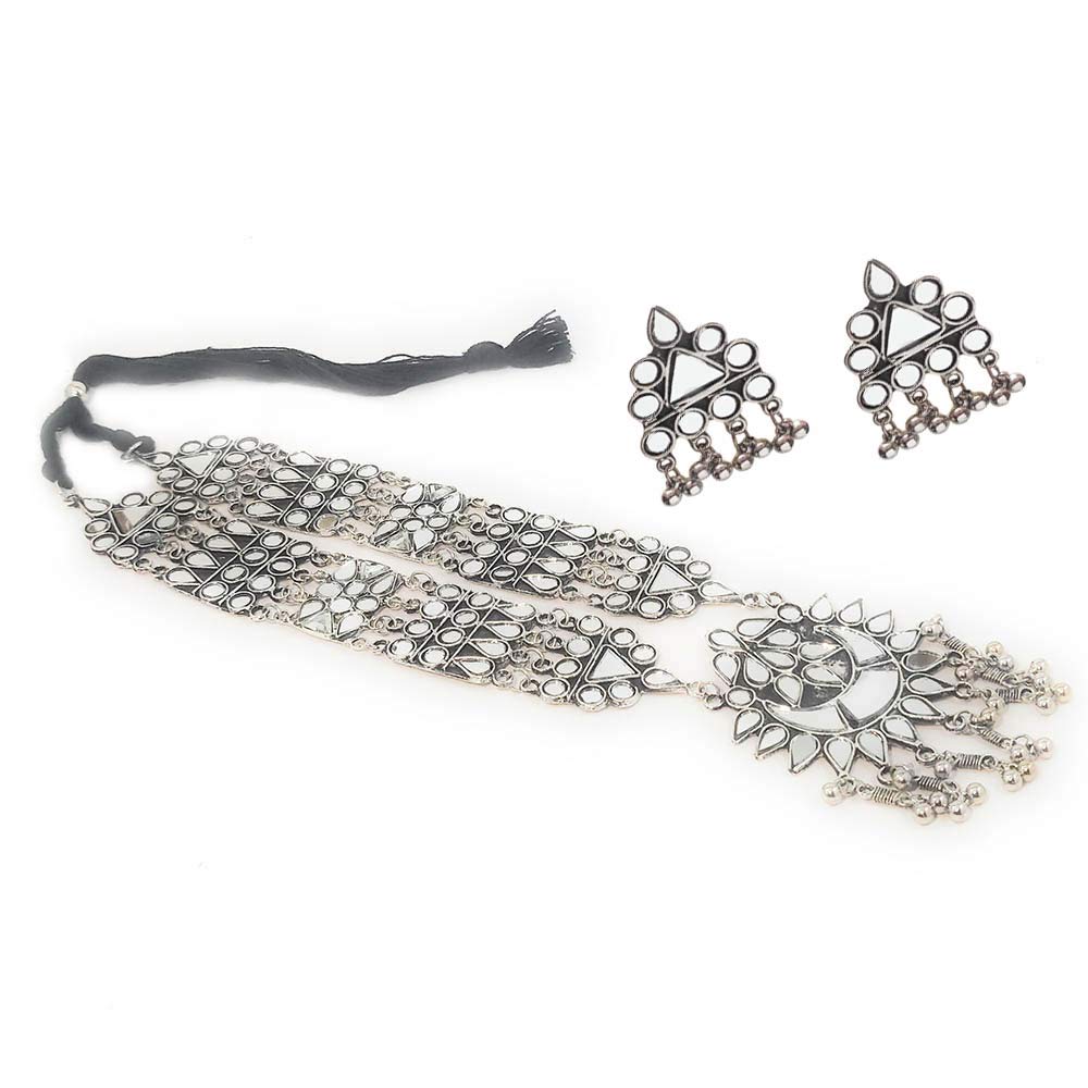 Silver-Plated Alloy Long Kundan Studded Silver Oxidised Necklace - The Pari - Distacart