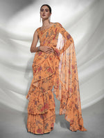 Thumbnail for Orange Georgette Floral Printed Saree With Unstitched Blouse Piece - Rajal - Distacart
