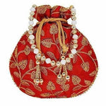 Thumbnail for Ethnic Silk Potli bag Clutch Batwa Pouch with Embroidery and Metal Bead work Gift For Women - Distacart