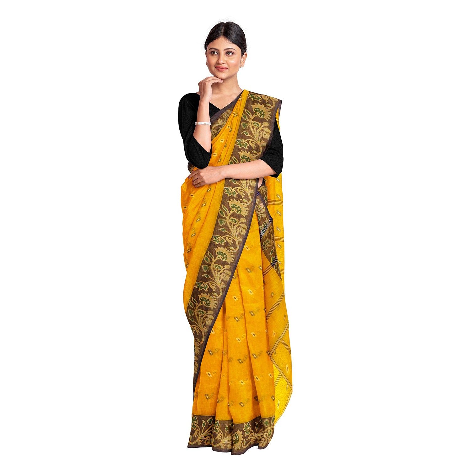 Exclusive Collection 100% Pure Cotton Yellow Tant Saree With Hand Weaving Work - Distacart