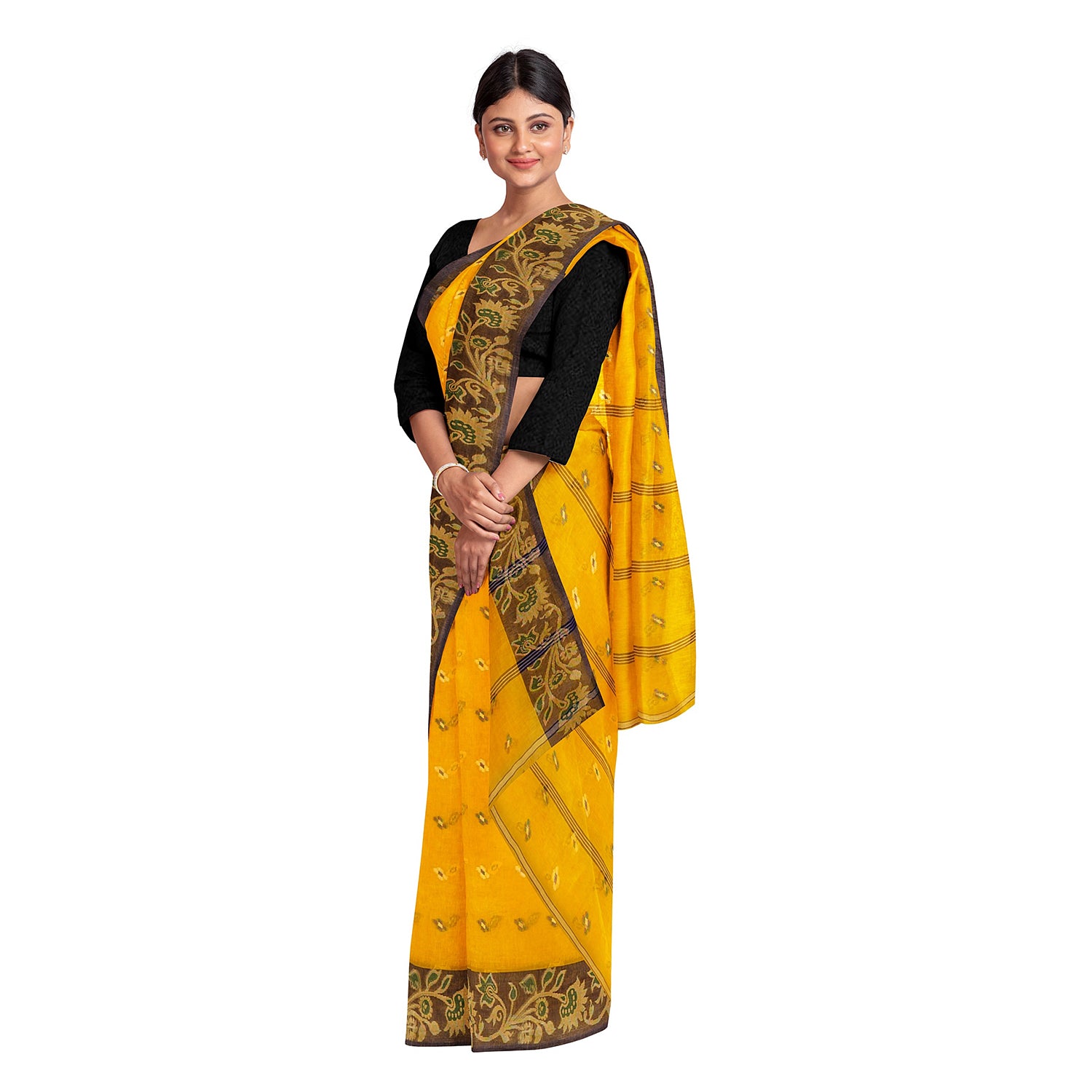 Exclusive Collection 100% Pure Cotton Yellow Tant Saree With Hand Weaving Work - Distacart