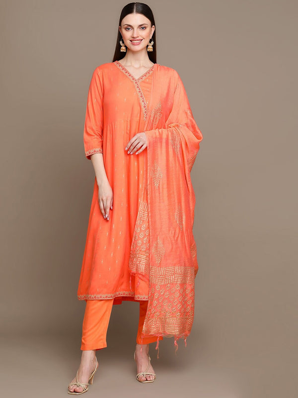 HERE&NOW Ethnic Motifs Printed Thread Work Angrakha Kurta with Palazzos & Dupatta - Distacart