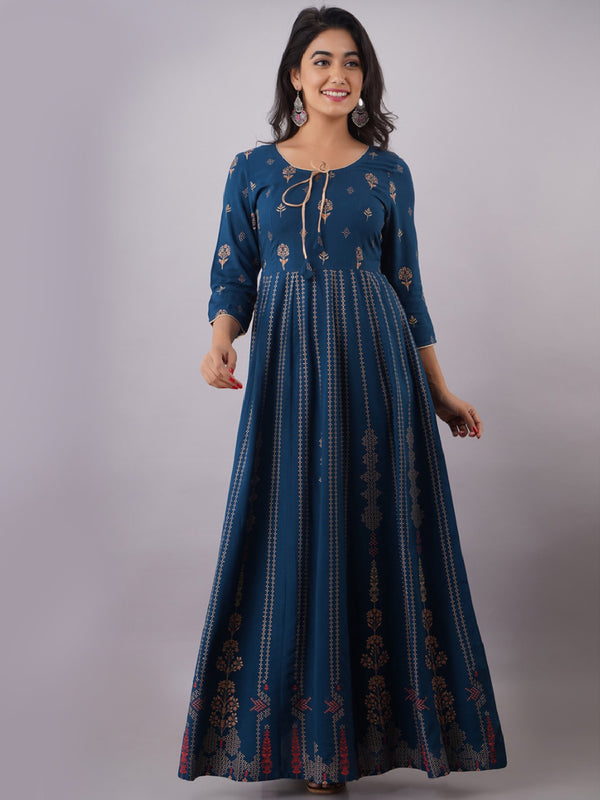 Kalini Woman Navy Blue Ethnic Motifs Printed Keyhole Neck Floral Anarkali Kurta - Distacart