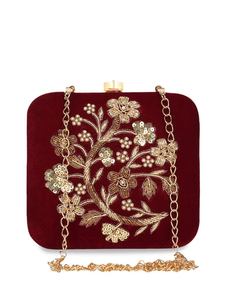 Anekaant Maroon & Gold-Toned Embellished Embellished Clutch - Distacart