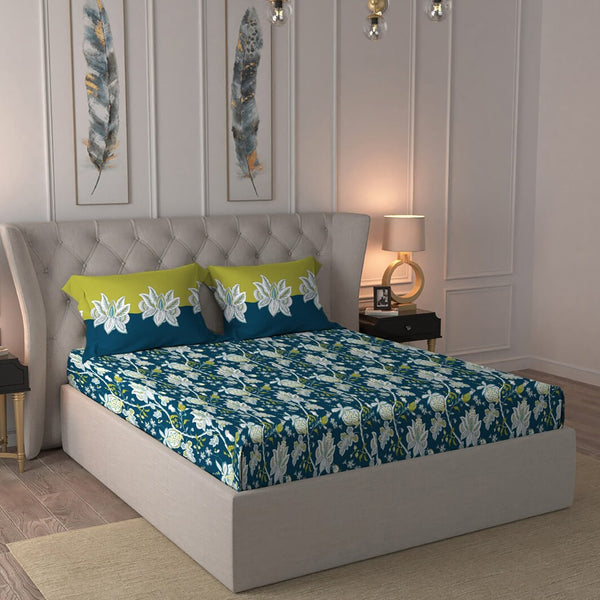 MYTRIDENT Blue White Floral Cotton 144 TC Queen Bedsheet With 2 Pillow Covers - Distacart