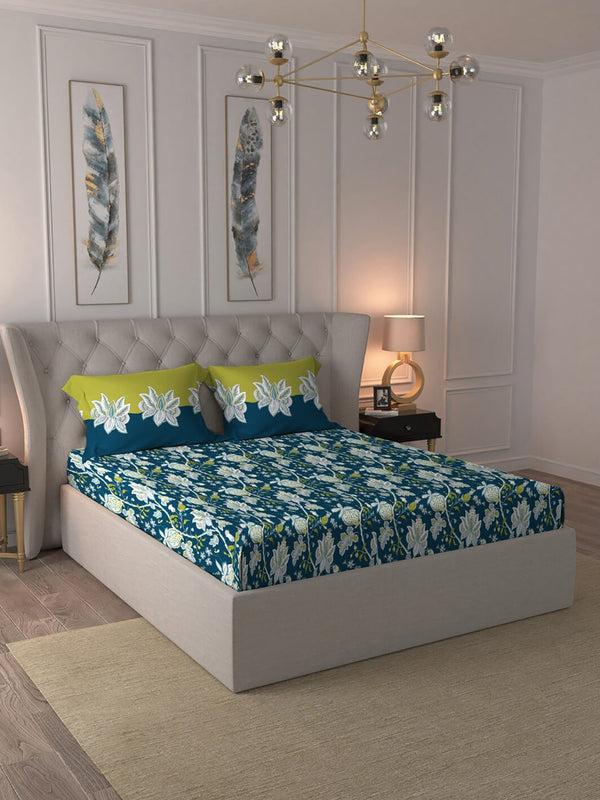 MYTRIDENT Blue White Floral Cotton 144 TC Queen Bedsheet With 2 Pillow Covers - Distacart
