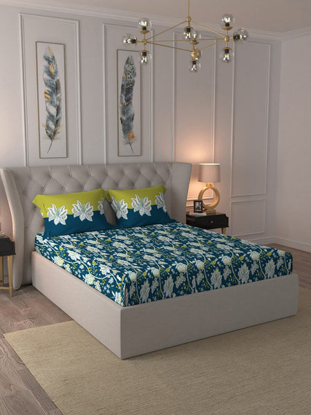MYTRIDENT Blue White Floral Cotton 144 TC Queen Bedsheet With 2 Pillow Covers - Distacart