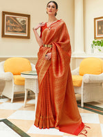 Thumbnail for Mitera Red & Gold-Toned Woven Design Zari Silk Blend Kanjeevaram Saree - Distacart