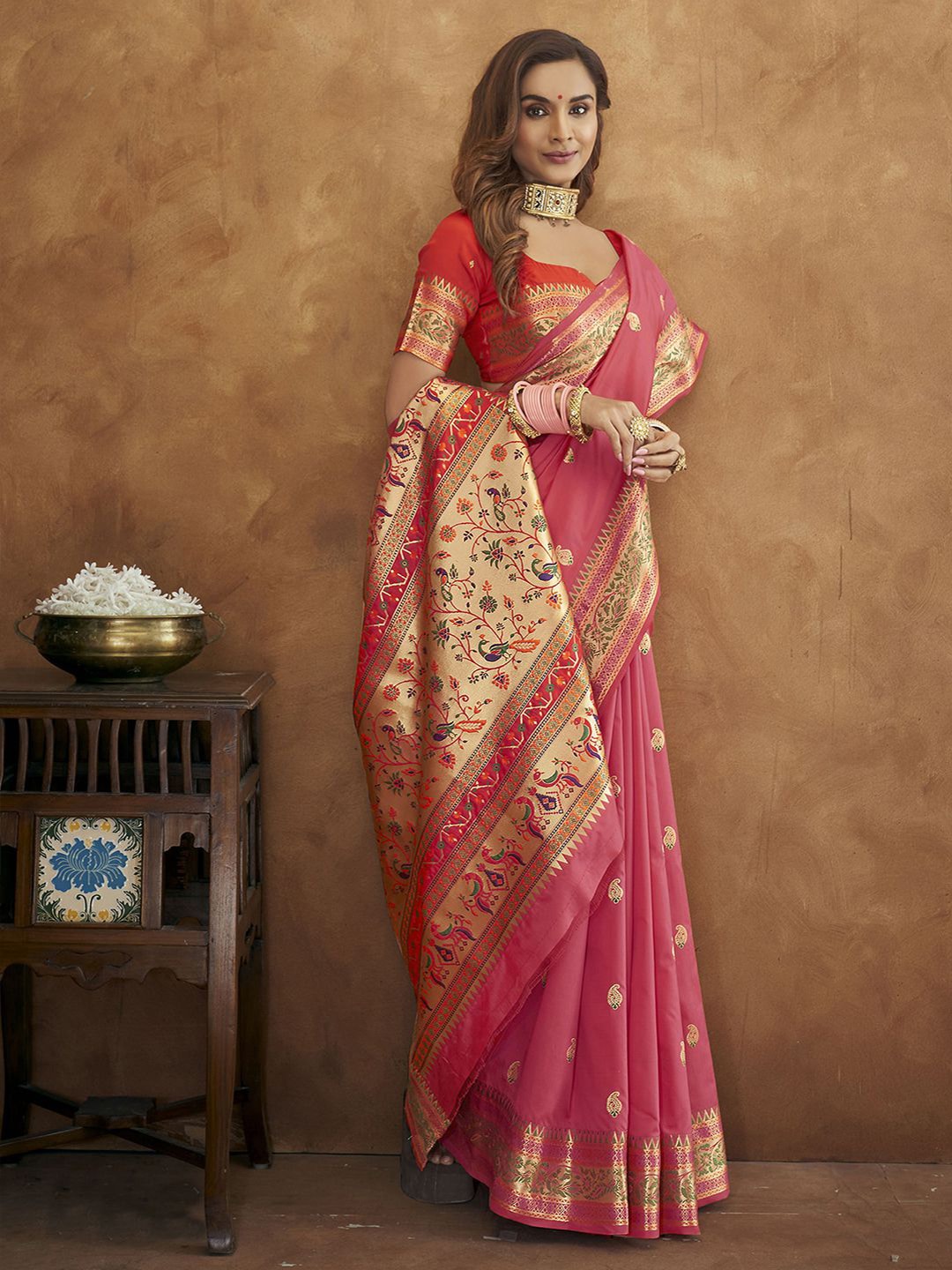 Mitera Pink & Beige Woven Design Zari Silk Blend Paithani Saree - Distacart