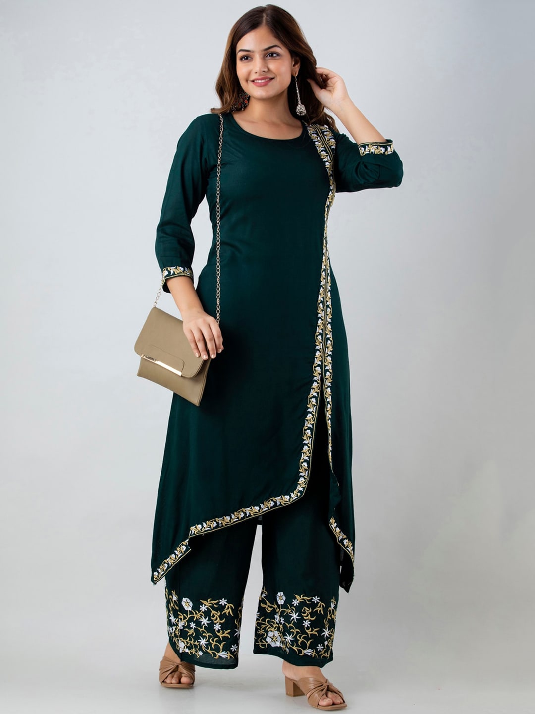 Kalini Women Green Ethnic Motifs Embroidered Panelled Thread Work Kurta with Trousers - Distacart