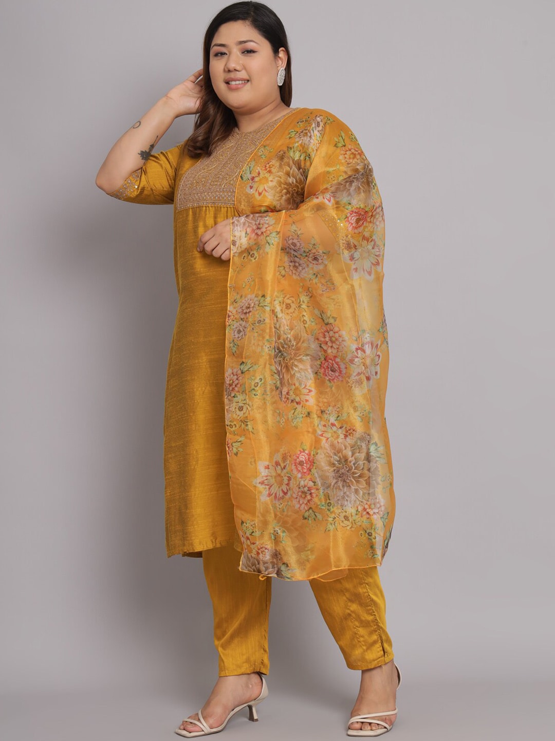 Kalini Women Plus Size Embroidered Regular Kurta with Trousers & With Dupatta - Distacart