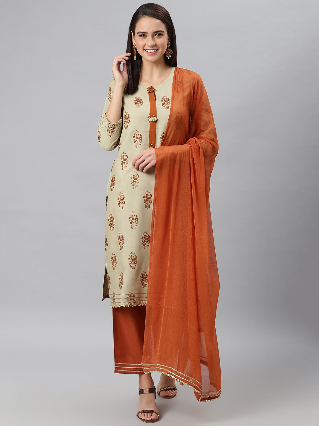 Khushal K Women Taupe & Rust Red Printed Kurta with Trousers & Dupatta - Distacart
