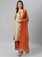 Thumbnail for Khushal K Women Taupe & Rust Red Printed Kurta with Trousers & Dupatta - Distacart