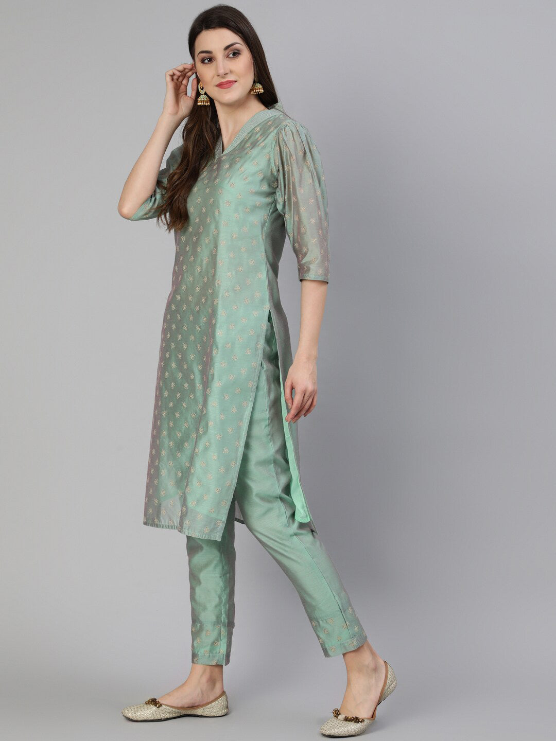 Jaipur Kurti Women Sea Green Floral Angrakha Chanderi Cotton Kurta with Trousers - Distacart
