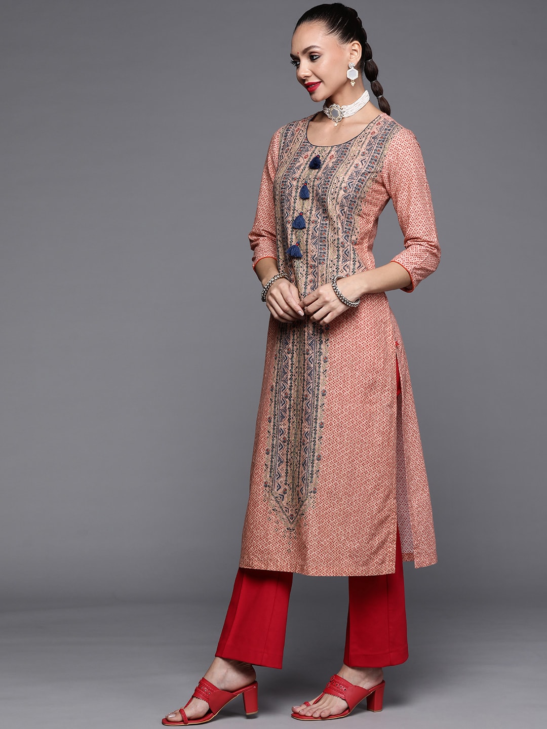 Biba Women Peach-Coloured & Blue Ethnic Motif Printed Kurta - Distacart
