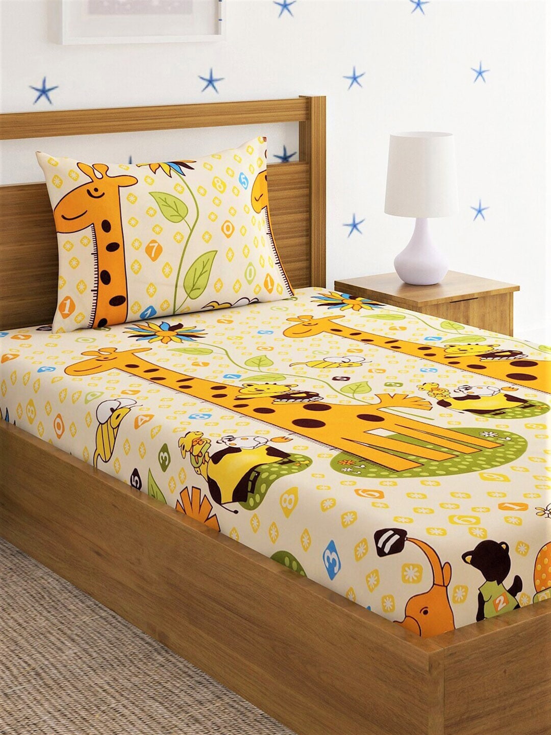 Home Sizzler Yellow & Orange Cartoon Characters 210 TC Single Bedsheet with 1 Pillow Covers - Distacart